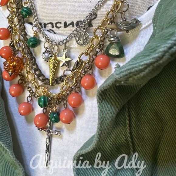 Malachite coral statement chunky layered multi charms bohemian necklace - Picture 1 of 7